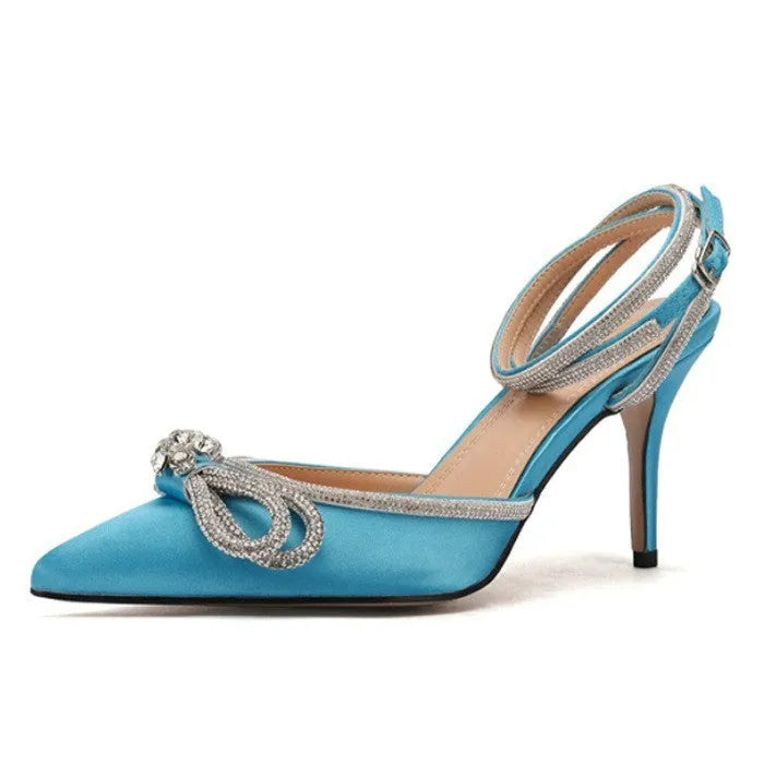 Women's black French style stiletto sandals with a silk bandage across the ankle and an adjustable buckle.