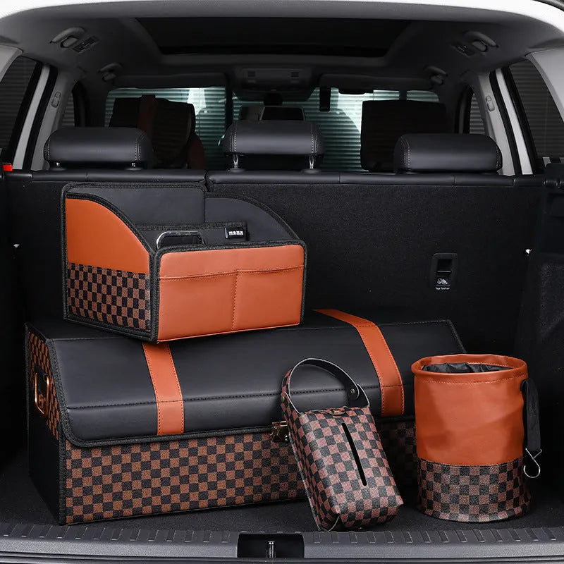 Black leather car trash can with handle showing folded and expanded positions for vehicle waste management