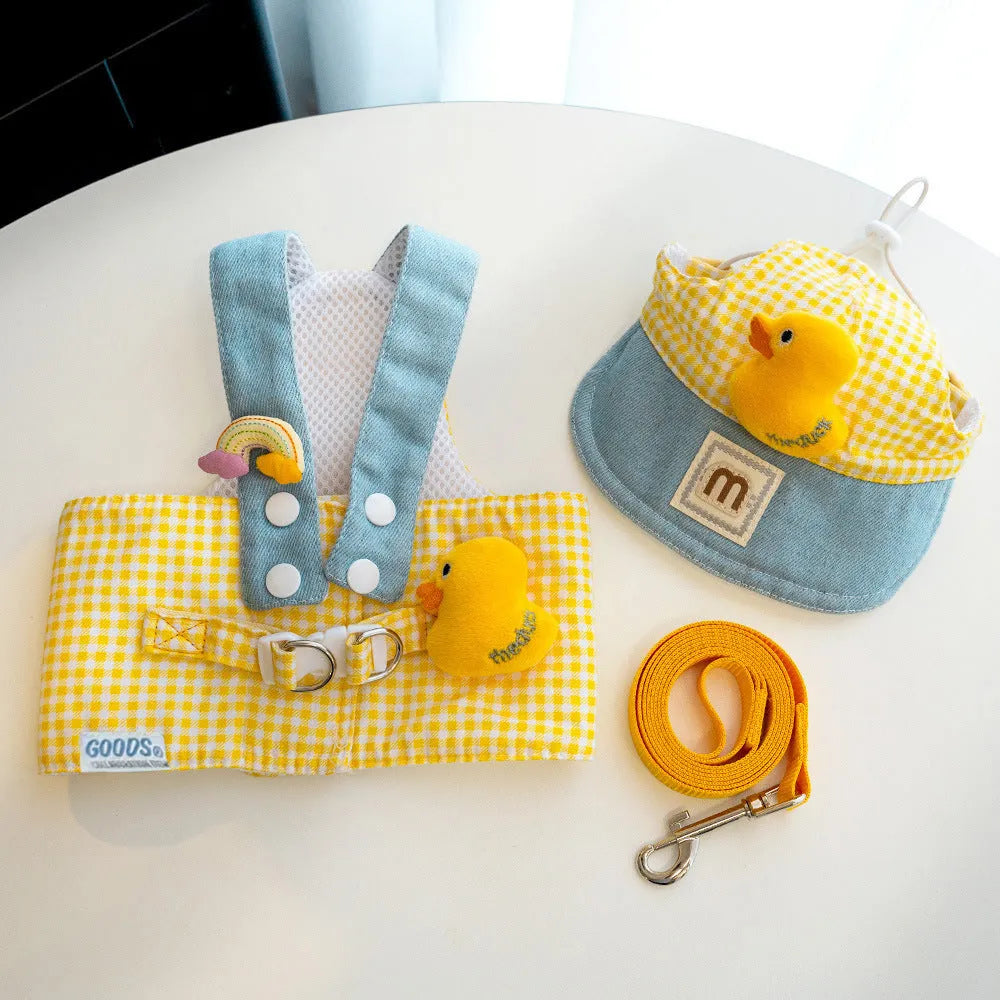 Pet harness and leash set with wire rope pulling rope and three-piece outfit including cute hat