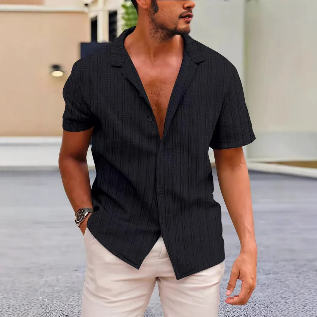 British style corduroy short sleeve shirt in solid colours on a hanger