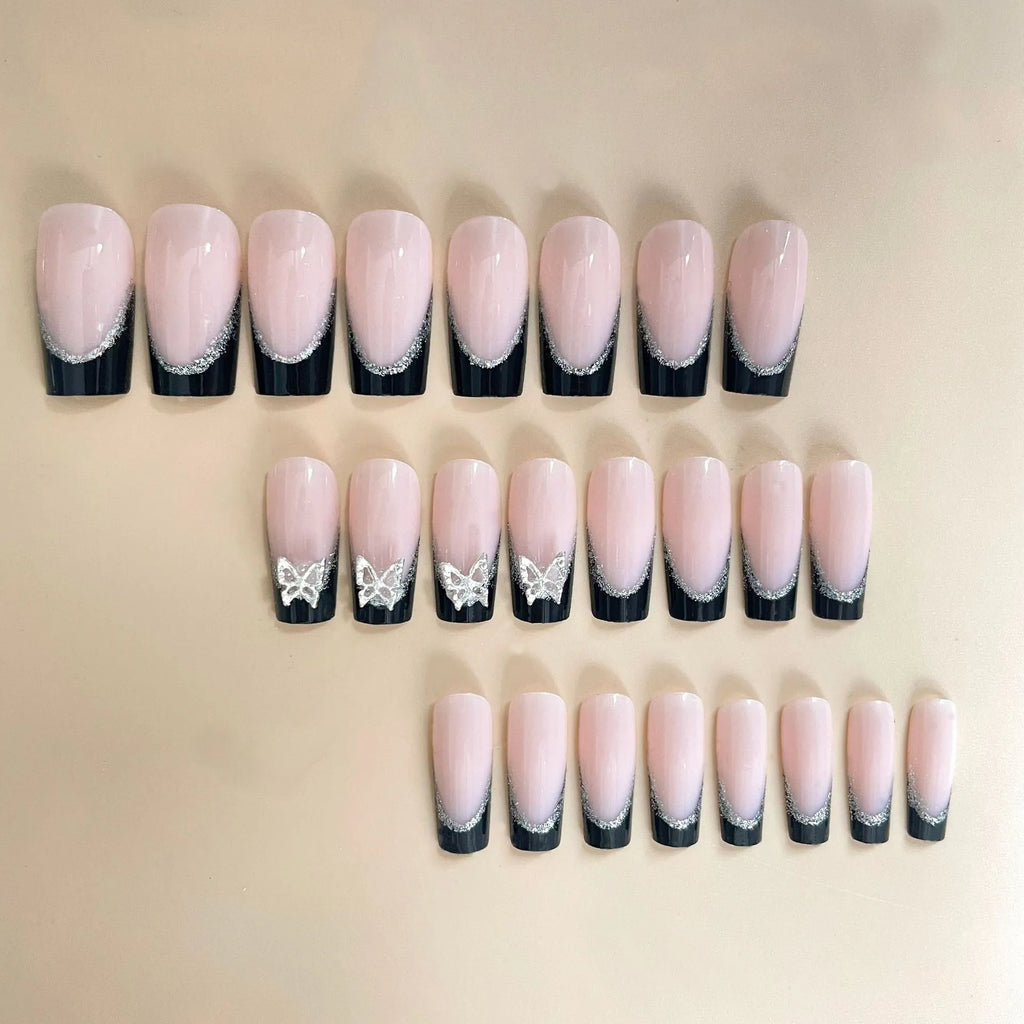 French style butterfly pattern false nails with glitter shimmer in medium length wear armour design