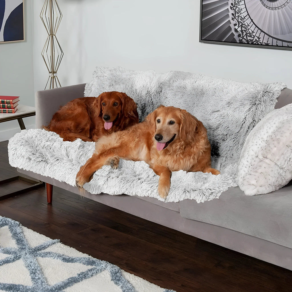 Plush waterproof dog cushion in dark grey showing double-layer thickening construction