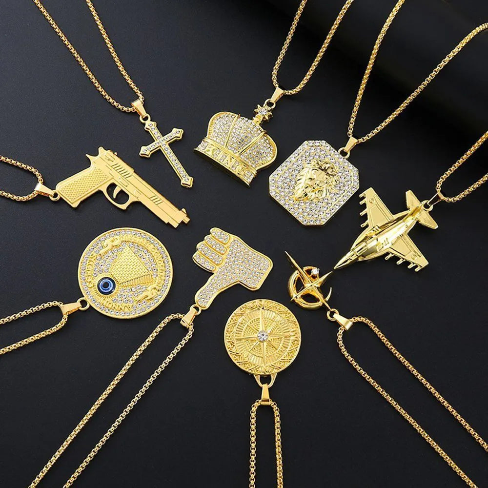 Gold tone geometric pendant necklace with zircon stone inlay and diamond cut finish