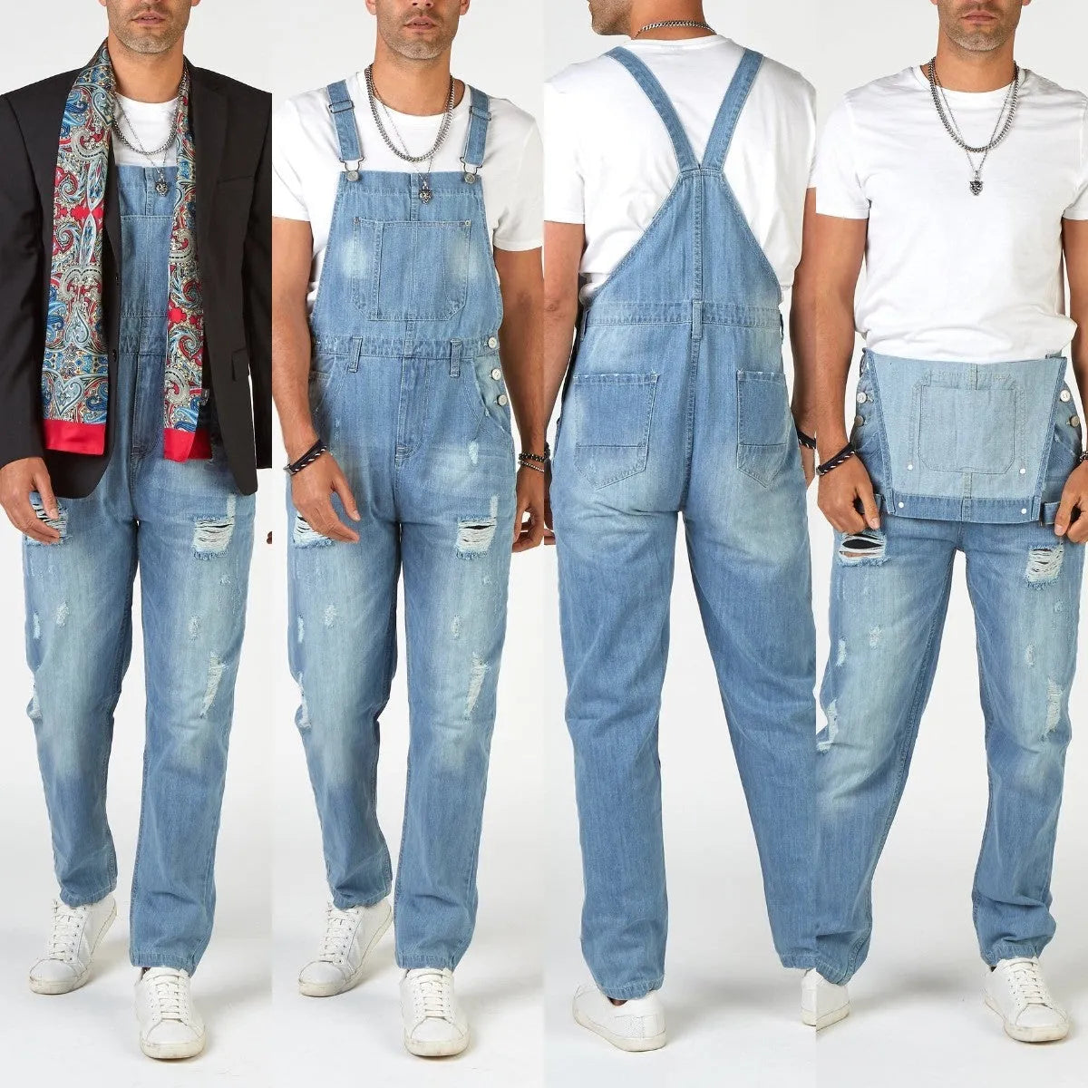 Men's light blue high-waisted suspender jeans with straight leg design and button fly closure