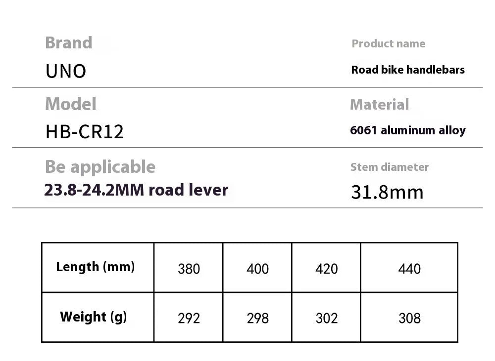 Black UNO road bike drop handlebar with 31.8mm clamp diameter shown alongside width measurement indicators