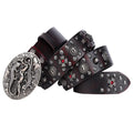 Men's black genuine leather belt with punk rivet details and a silver alloy buckle.