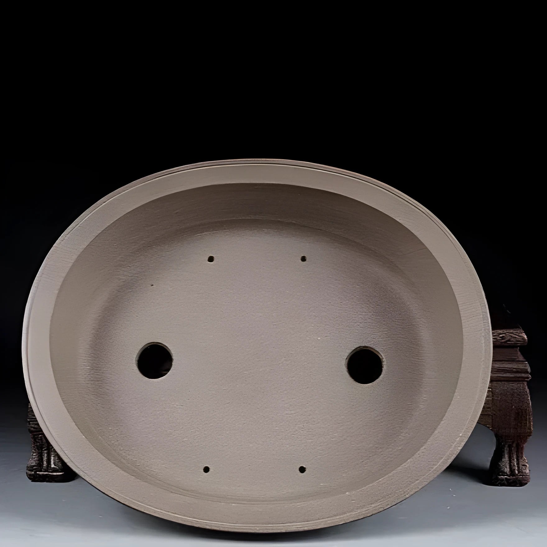 Handmade antique oval purple sand ceramic bonsai pot measuring 25cm long by 21cm wide by 6.3cm high