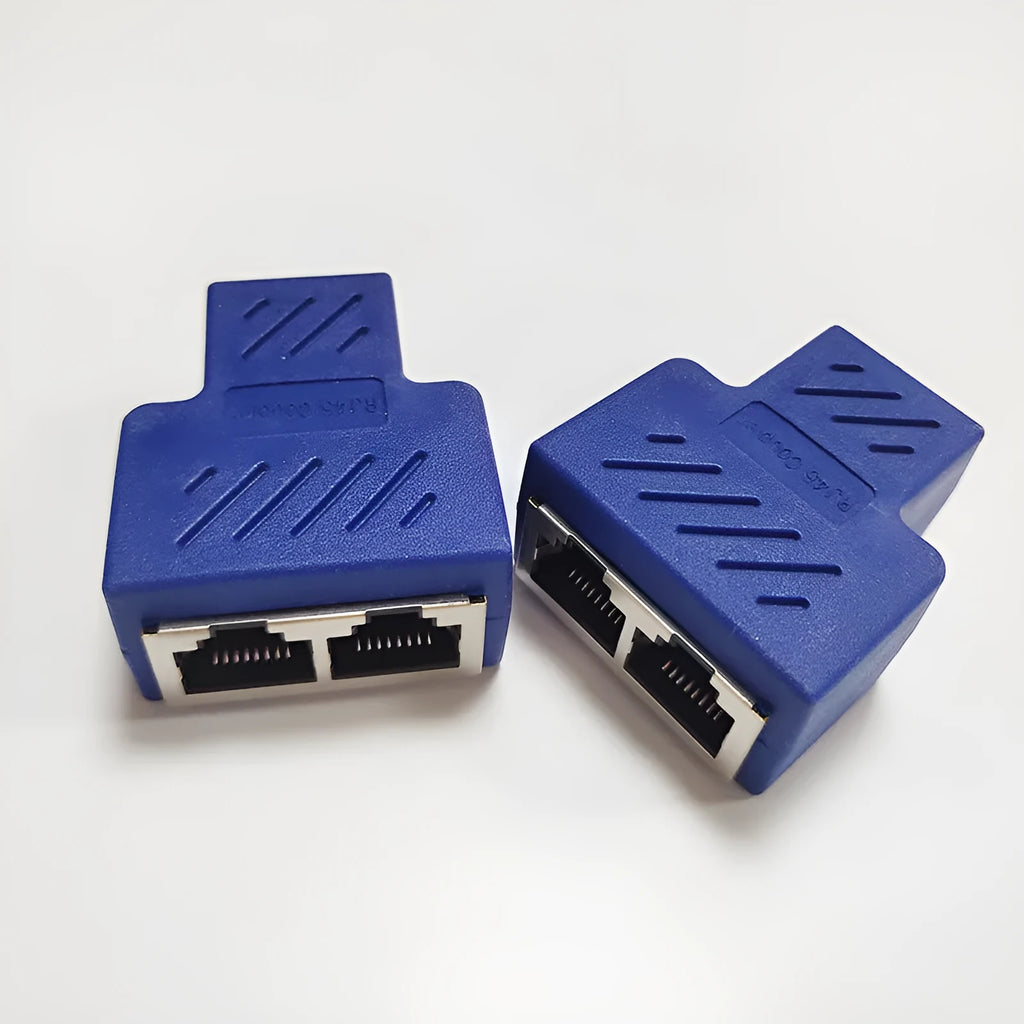 Two white RJ45 network cable splitters, showing one input and two output ports.