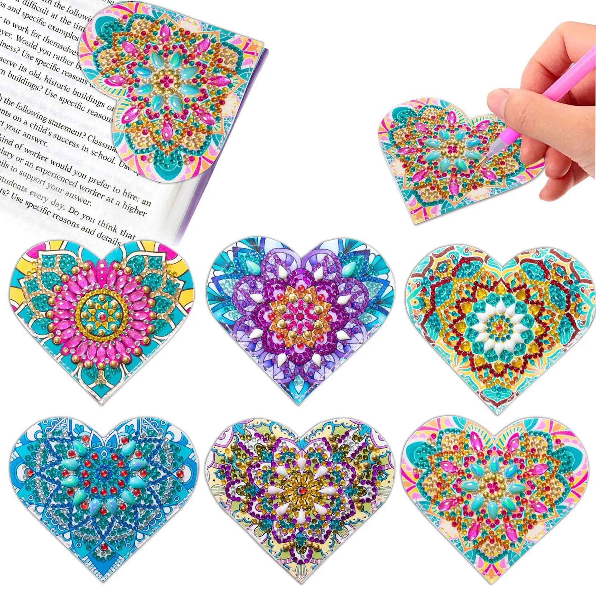 Six handmade PU leather bookmarks with adhesive crystal flower decorations in modern simplicity style.