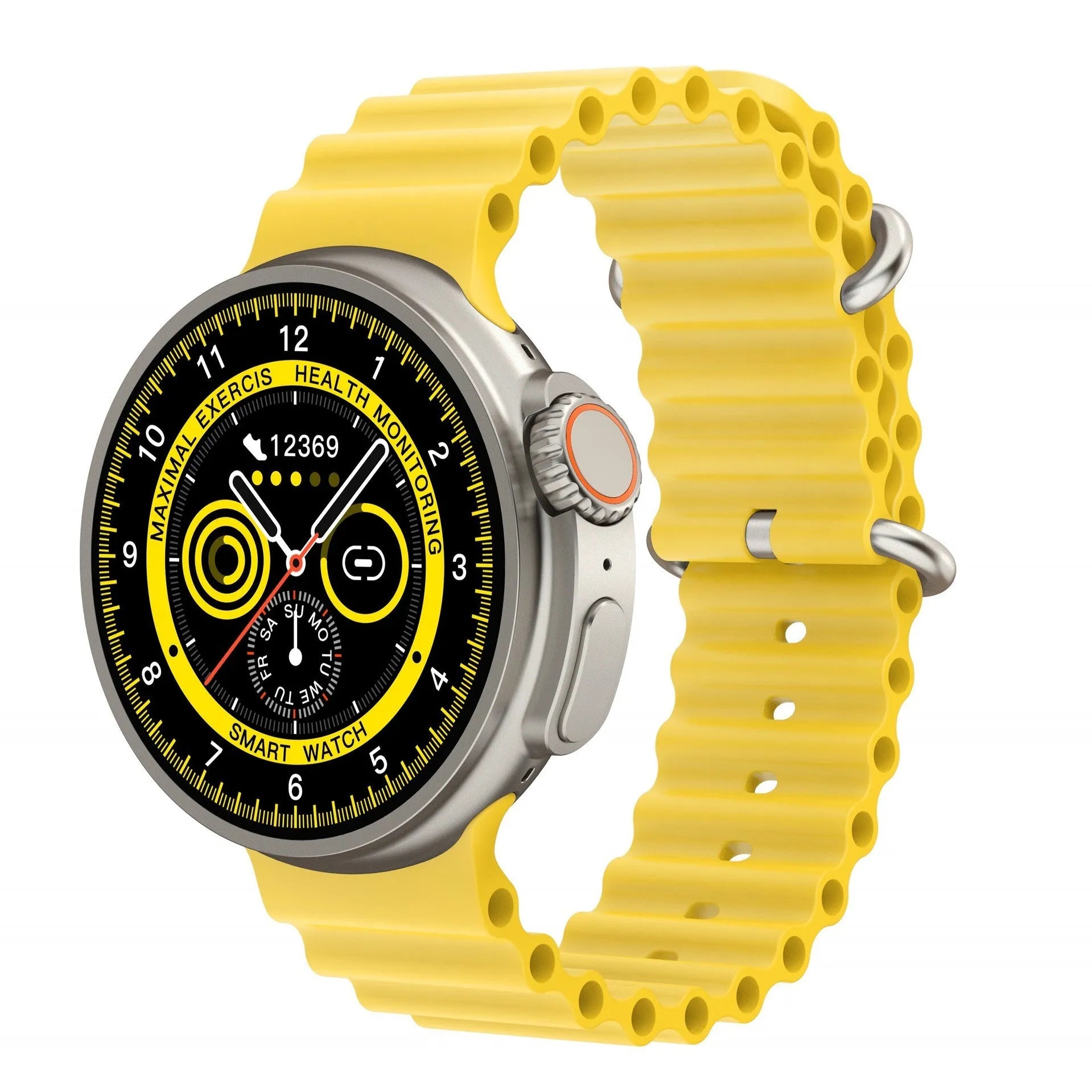 K9 smart watch with 1.39 inch round screen and silicone strap showing interface with health metrics