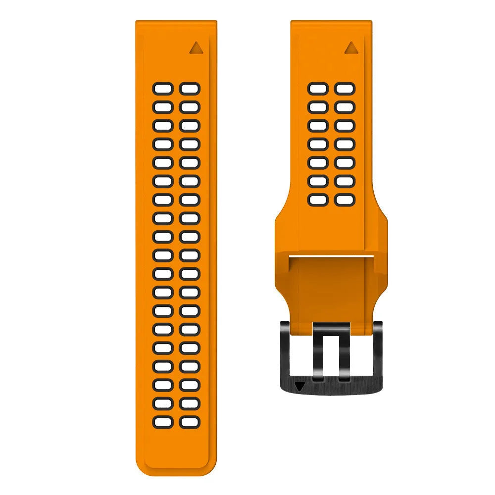 Quick release double-row hole silicone watch strap in Army Green Black colour, showing pin buckle and two width options: 22mm and 26mm.