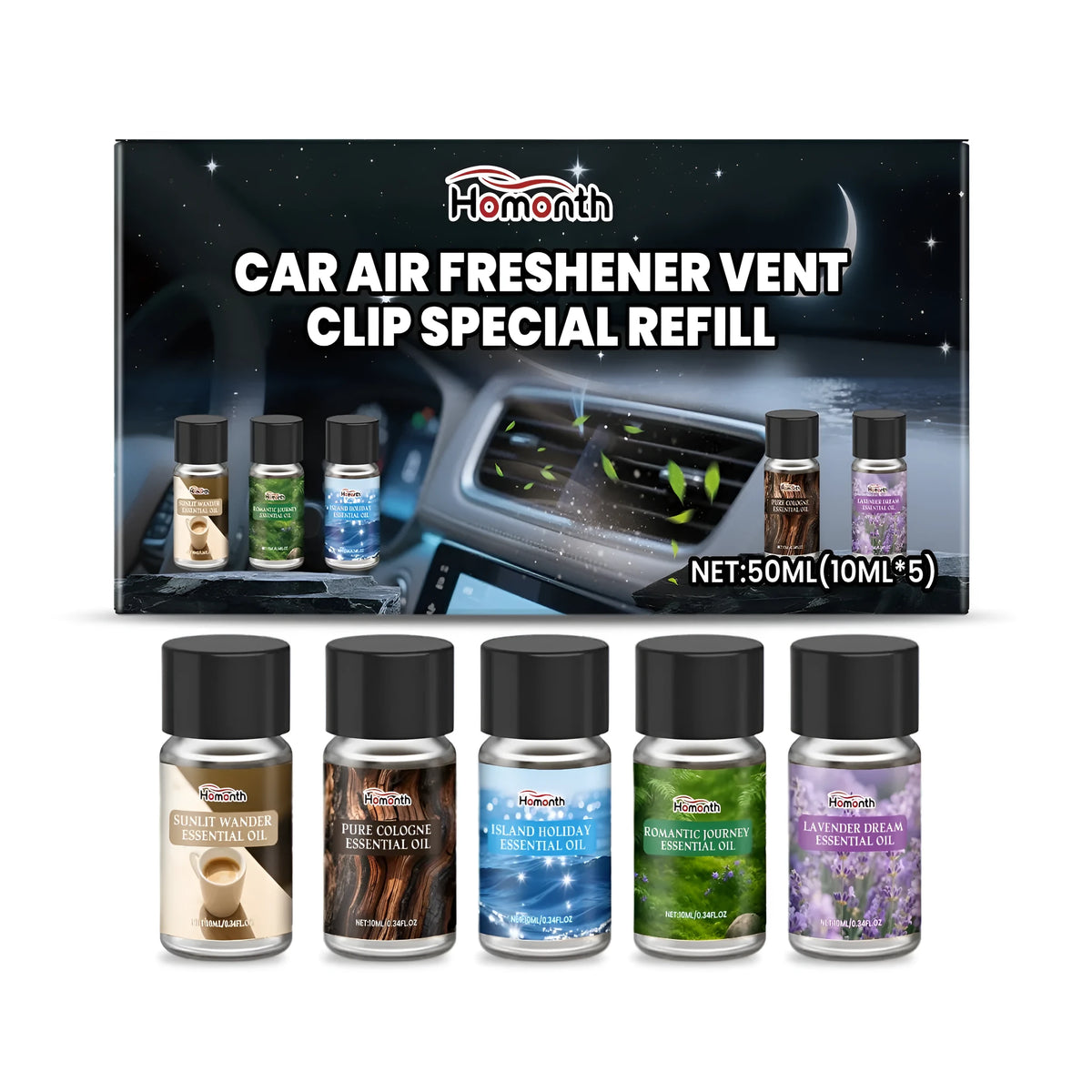 Car air freshener vent clip refill pack with five 10ml bottles in different fragrance variants