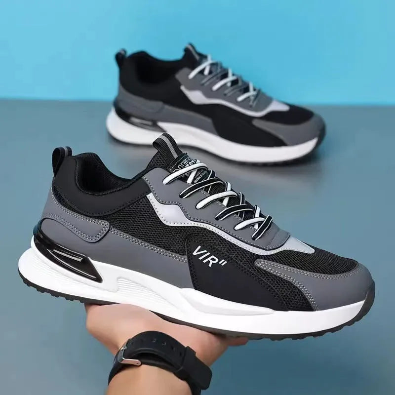 Men's colour block mesh lace-up sneakers in black, grey, and white colour options