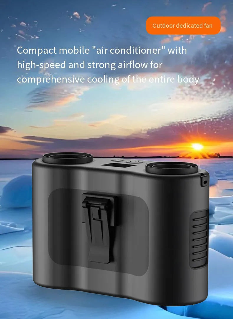 Black waist-hung personal portable fan with lanyard, showing five-blade turbine and top control button.