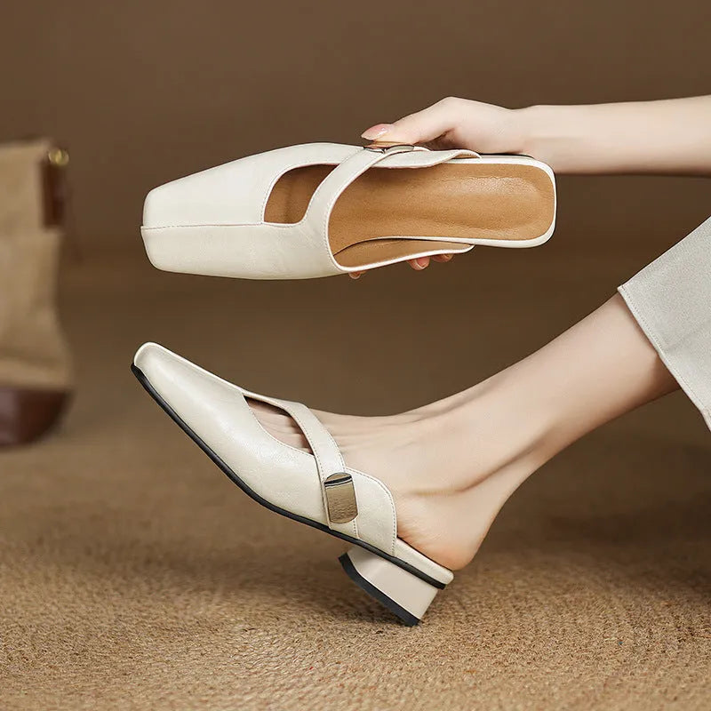 British style square toe outdoor slippers in artificial PU with rubber sole