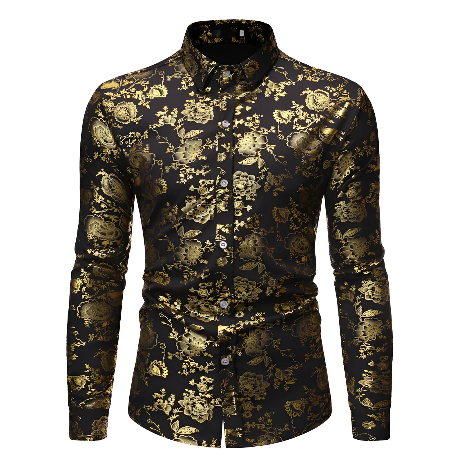 Men's metal bronzing printed lapel shirt in polyester elastic fabric available in four colours
