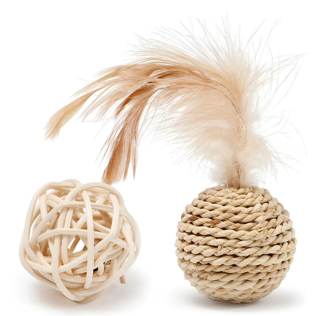 Primary colour cat toy set with a rattan ball and a faux feather ball with bell.
