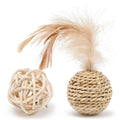 Primary colour cat toy set with a rattan ball and a faux feather ball with bell.