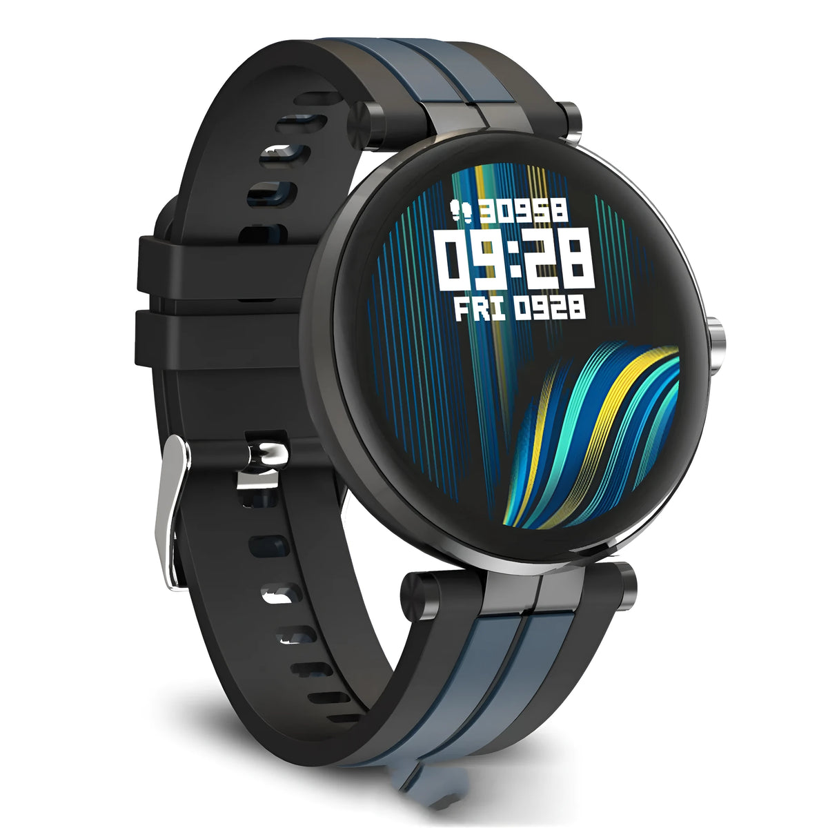 Smart watch with blood pressure monitoring on wrist showing 1.3-inch touch screen and silicone strap