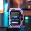 Blue zinc alloy double arc electric lighter with USB-C port and rotary gyroscope mechanism.