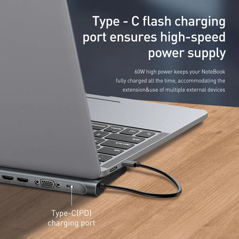 Grey aluminium ten-port docking station with cooling bracket showing HDMI, VGA, and Ethernet ports