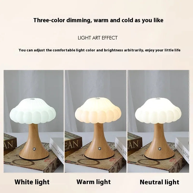 Mushroom shaped touch control rechargeable LED lamp in wood grain colour on table