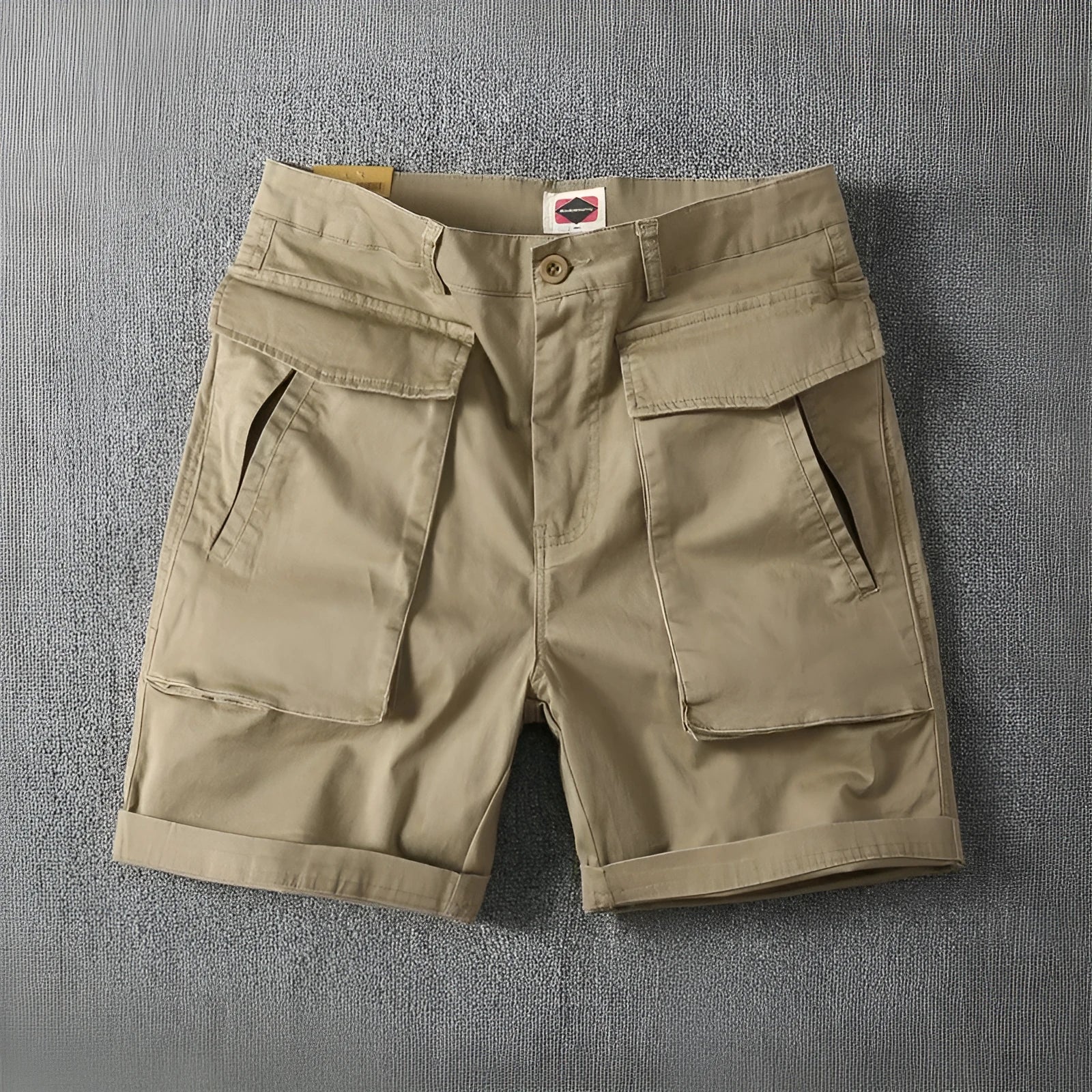 Men's straight-leg cargo shorts in Army Green made from micro-elastic cotton fabric with multiple pockets.