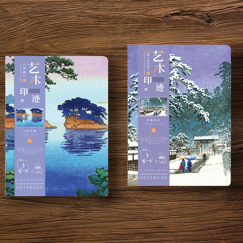 Ukiyo-e series hand ledger notebook showing The Great Wave Off Kanagawa artwork cover, open to show 100g Daolin paper pages