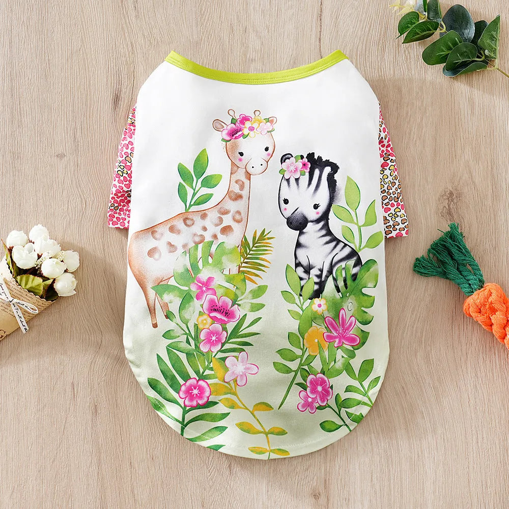 Full printed polyester dog t-shirt for small breeds with sizing chart showing measurements for S to XXL sizes
