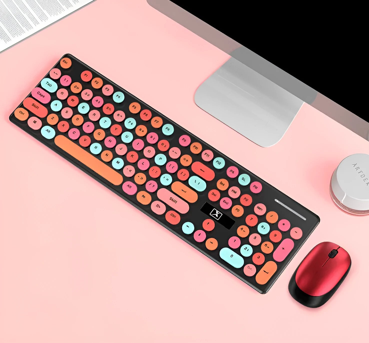 Vibrant yellow wireless keyboard and mouse set on desk with backlight illumination