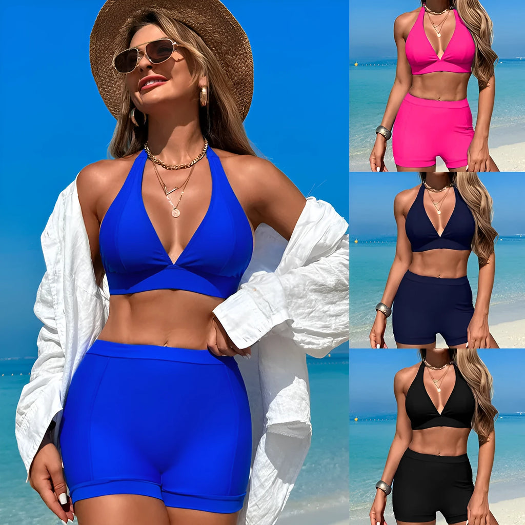 Women's two-piece nylon bikini swimsuit in black, shown front-on.