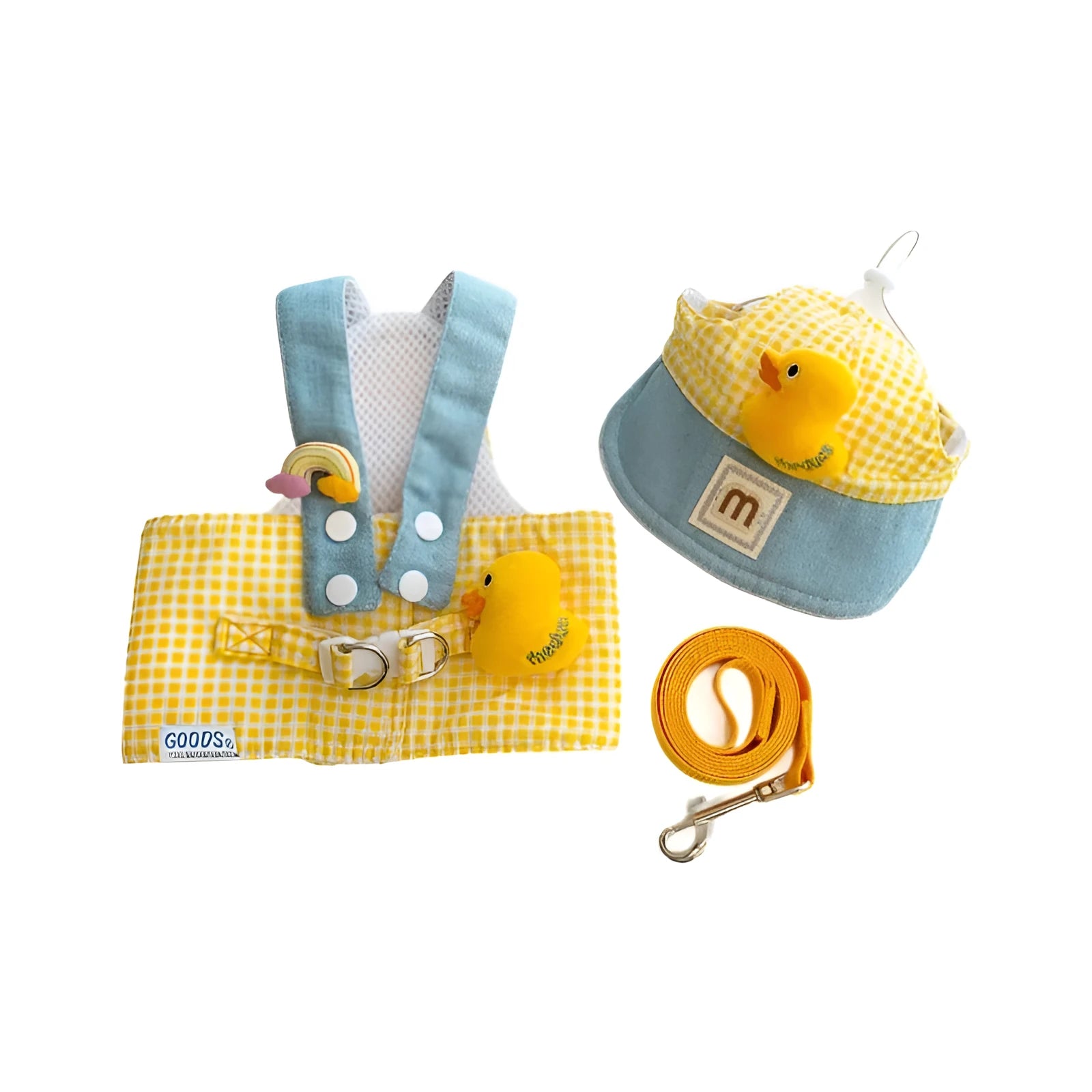 Pet harness and leash set with wire rope pulling rope and three-piece outfit including cute hat