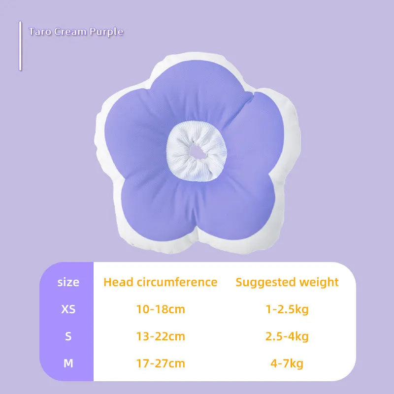 Blue cotton cat recovery collar with a solar-powered flower, shown with adjustable elastic strap and ties.