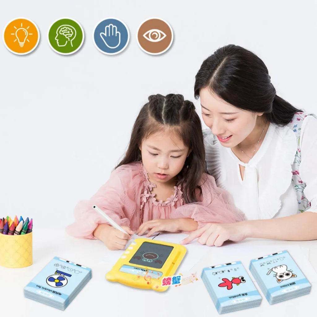 Yellow ABS plastic early learning machine with educational cards measuring 254mm long