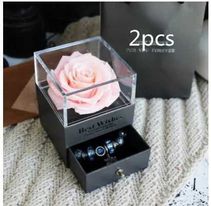Preserved eternal rose and carnation gift box in glass display case for jewellery storage