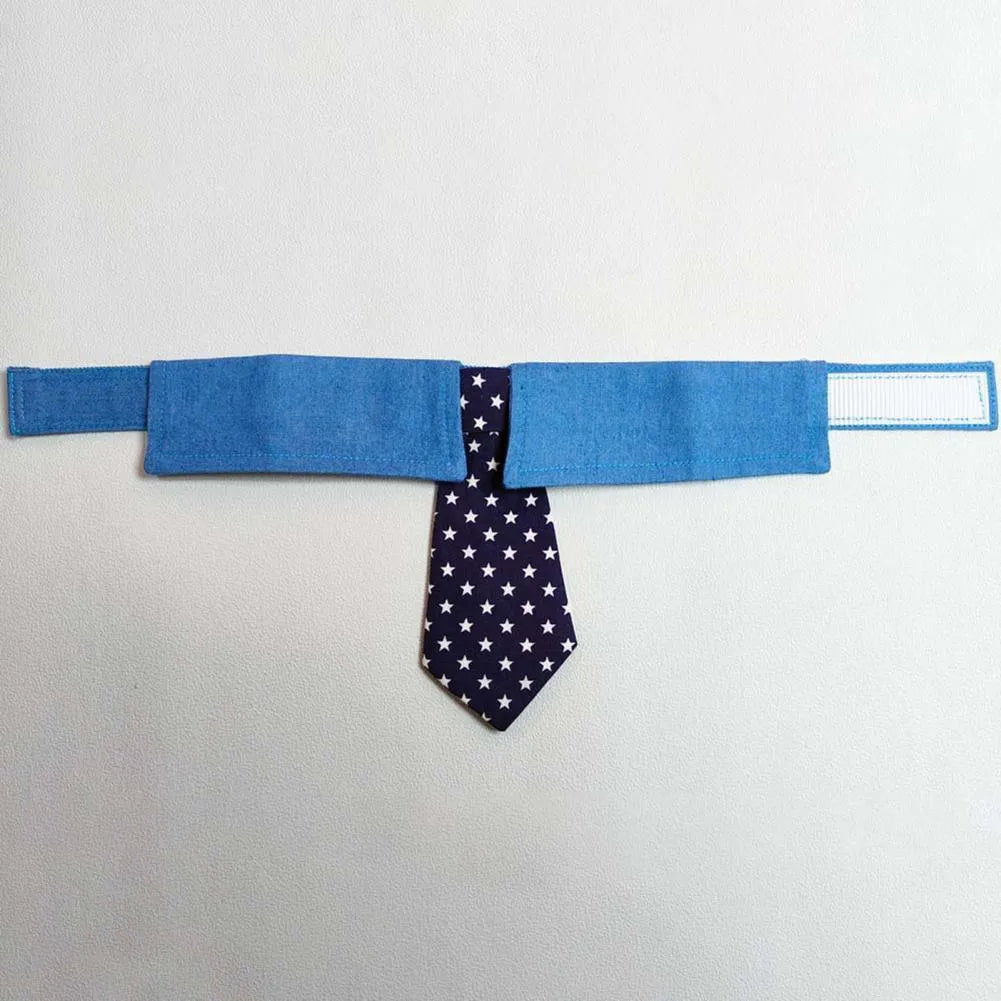 Adjustable denim dog collar with a star pattern necktie, shown in sizes S, M, and L.