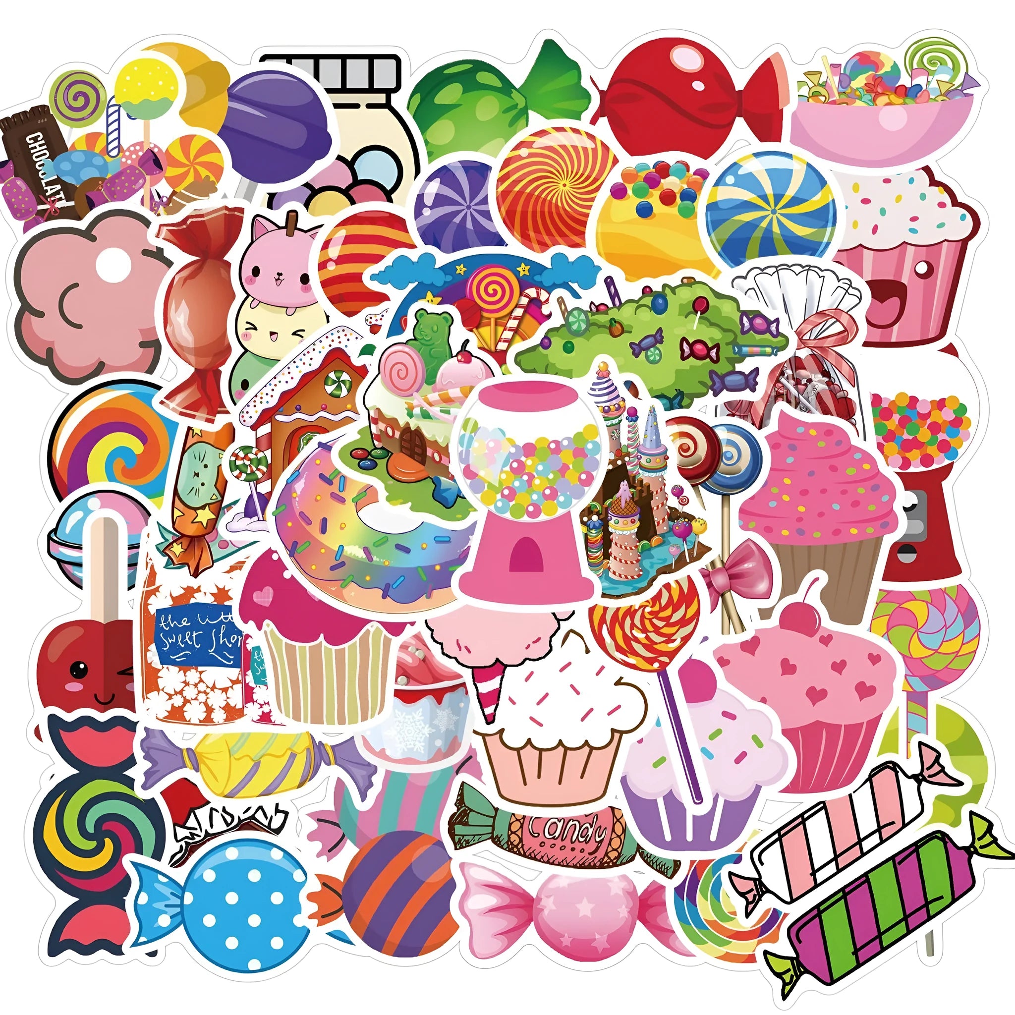 Pack of 50 colourful pink Candy series graffiti stickers with cartoon patterns for crafts.