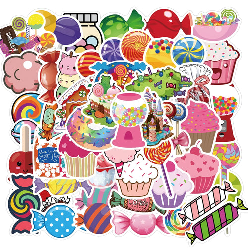 Pack of 50 colourful pink Candy series graffiti stickers with cartoon patterns for crafts.