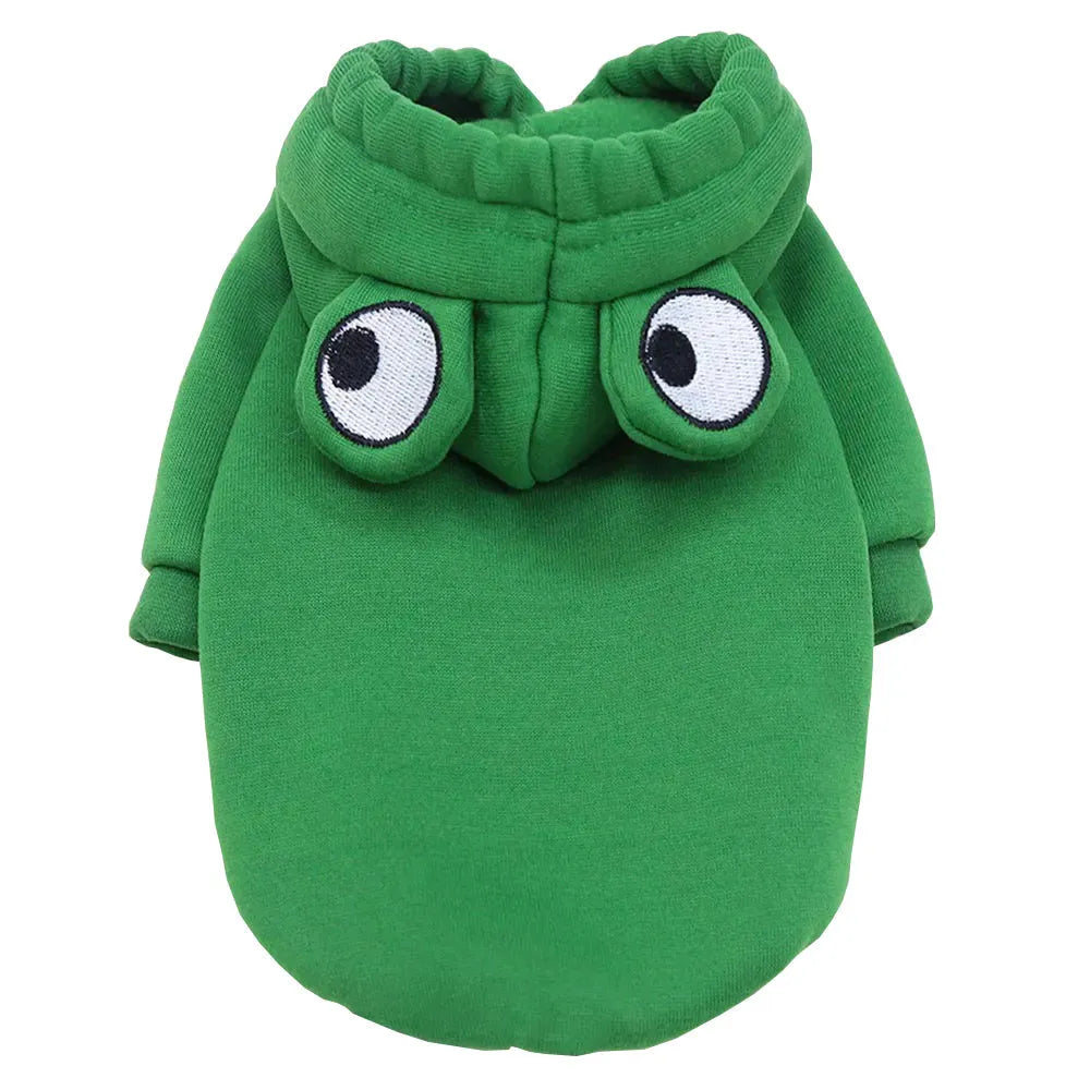Green frog costume hoodie on a small dog, showing the four-leg design and hood.