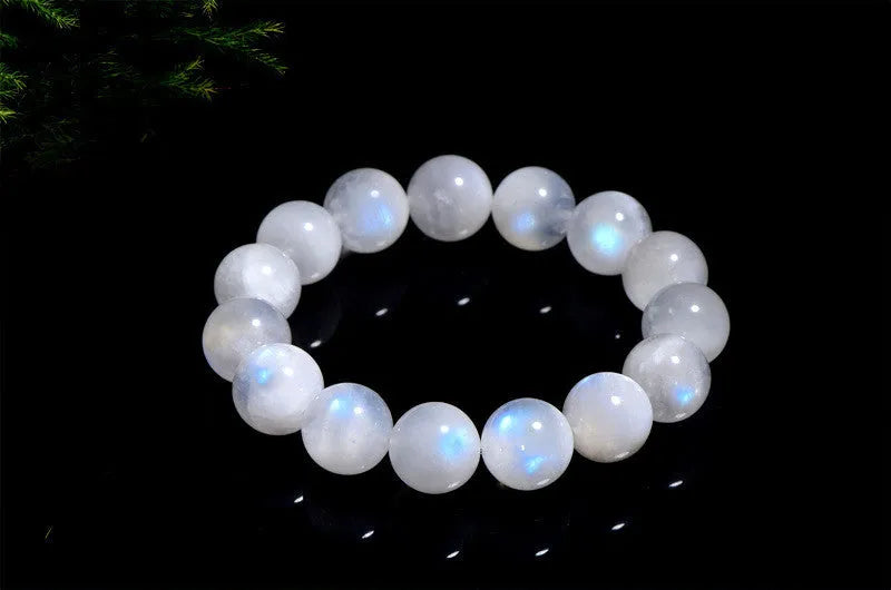 Natural moonstone bracelet with blue moonlight round beads in polished finish