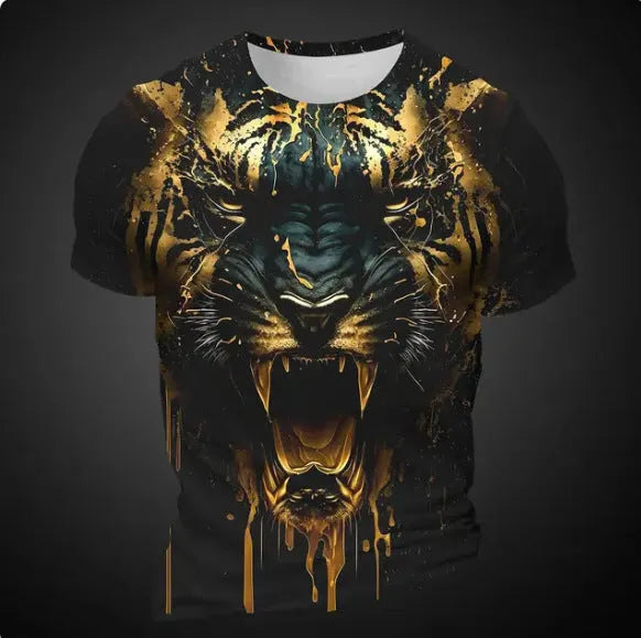 Men's short sleeve T-shirt with 3D tiger pattern digital print on thin polyester bird eye cloth