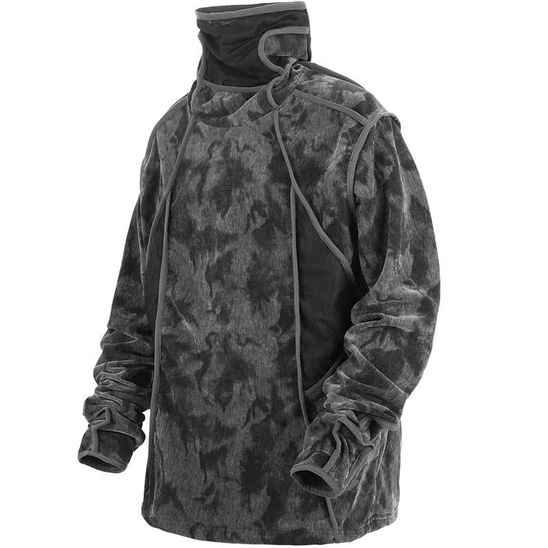 Men's black tie-dye printed sweater with finger turtleneck and drop-shoulder sleeves