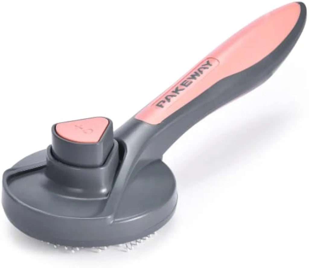 Grey self-cleaning slicker brush for pet grooming on a white background.