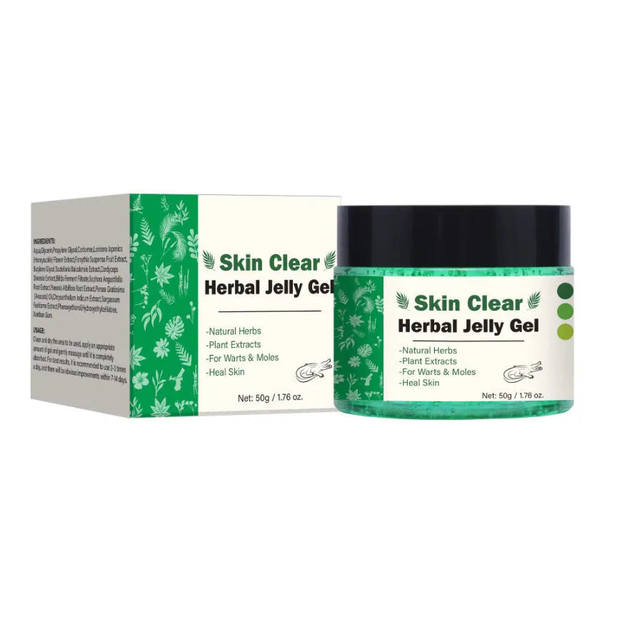 Clear herbal gel in 50g jar with transparent moisturising formula for body care