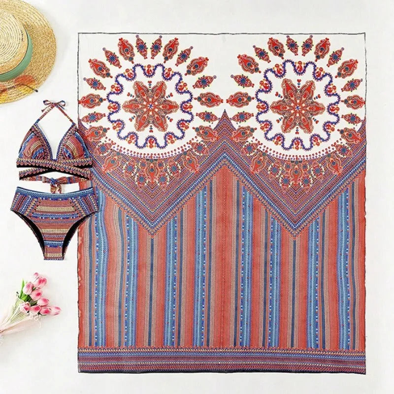 Women's three-piece swimsuit set showing high-waist briefs, a sleeveless cutout blouse, and a coat in picture colour.