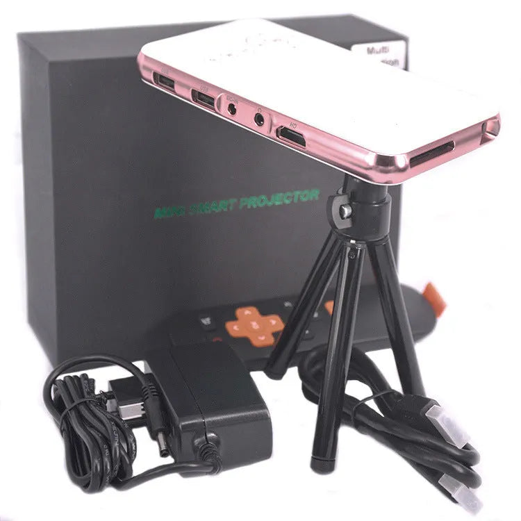 White rose gold miniature DLP projector measuring 145mm with Android connectivity and 32GB memory