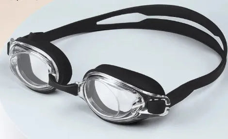 Black prescription swimming goggles for myopia with a hard-shell storage case.