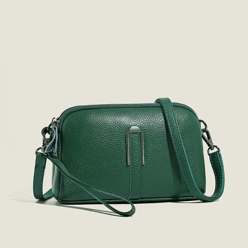 Black genuine leather women's square shoulder bag with a structured horizontal shape