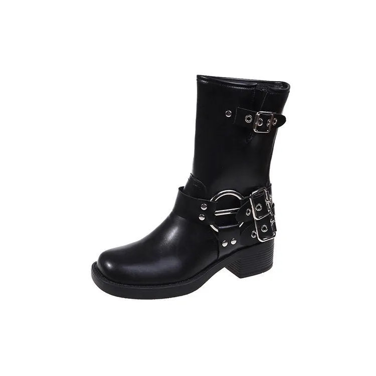 Women's black platform boots with buckle detailing and mid-calf length