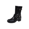 Women's black platform boots with buckle detailing and mid-calf length